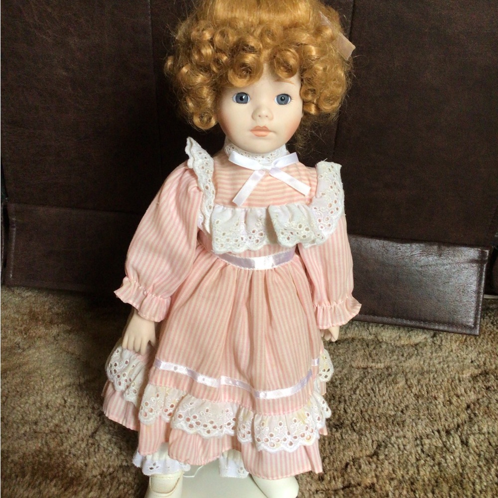1980’s Vintage Classic Porcelain Doll with Pink Dress, 16” tall